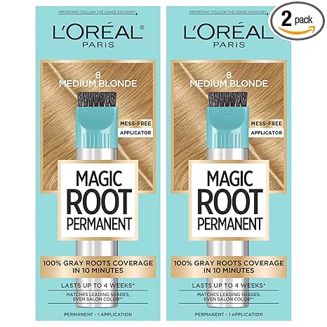 L'Oreal Paris Magic Root Permanent Hair Color Kit, 100% Gray Hair Coverage In Just 10 Minutes, Precision Brush Applicator for Seamless Application, 8 Medium Blonde (2 Count)