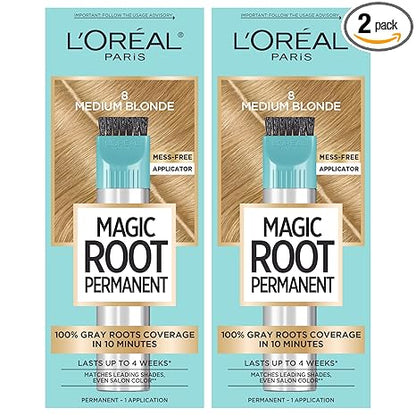 L'Oreal Paris Magic Root Permanent Hair Color Kit, 100% Gray Hair Coverage In Just 10 Minutes, Precision Brush Applicator for Seamless Application, 8 Medium Blonde (2 Count)