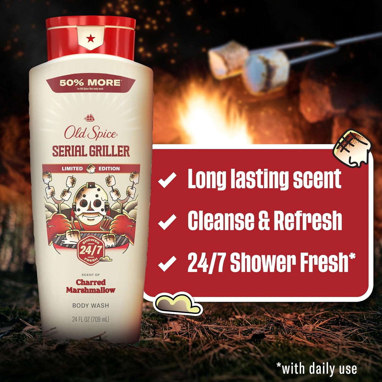 Old Spice Body Wash for Men, Summerdudes, 24/7 Shower Fresh with Daily Use, Long Lasting Scent, Cleanse & Refresh Skin, VIP Festival Experience, Serial Griller with Charred Marshmallow Scent, 24 oz