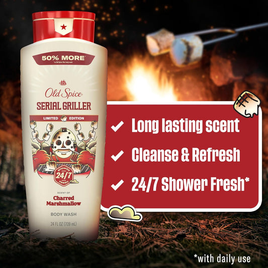 Old Spice Body Wash for Men, Summerdudes, 24/7 Shower Fresh with Daily Use, Long Lasting Scent, Cleanse & Refresh Skin, VIP Festival Experience, Serial Griller with Charred Marshmallow Scent, 24 oz