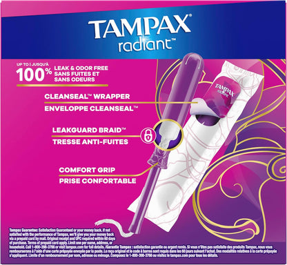 Tampax Radiant Tampons for Women Multipack, with LeakGuard Braid, Regular/Super Absorbency, Unscented, 28 Count, Packaging May Vary