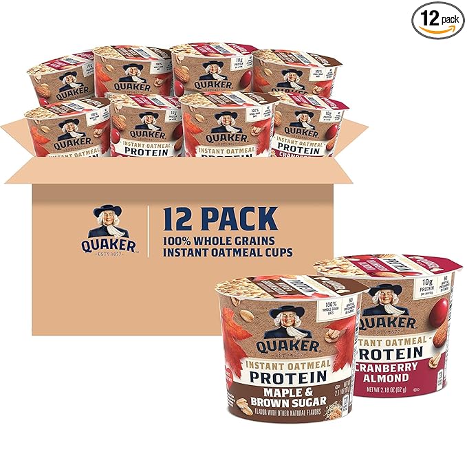 Quaker Instant Oatmeal Express Cups, 10g Protein 2 Flavor Variety Pack, (Pack of 12)