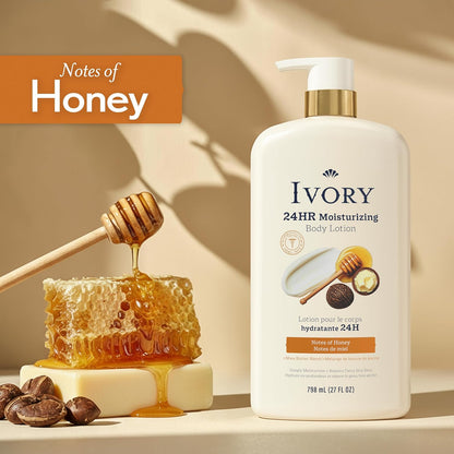 Ivory Hand & Body Lotion, 24hr Moisturizing, Repairs Extra Dry Skin, All Day Hydration, Lightweight Formula, Absorbs Instantly, Perfect for Daily Use, Shea Butter Blend, Honey Scent, 27 fl oz