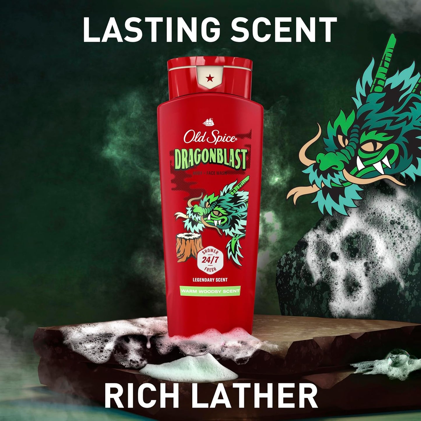 Old Spice Cleansing Body Wash for Men, 3X Defense, 24/7 Shower Fresh with Lasting Scent, 2-in-1 Body & Face Wash, Dragonblast Scent, 24 oz (Pack of 4)