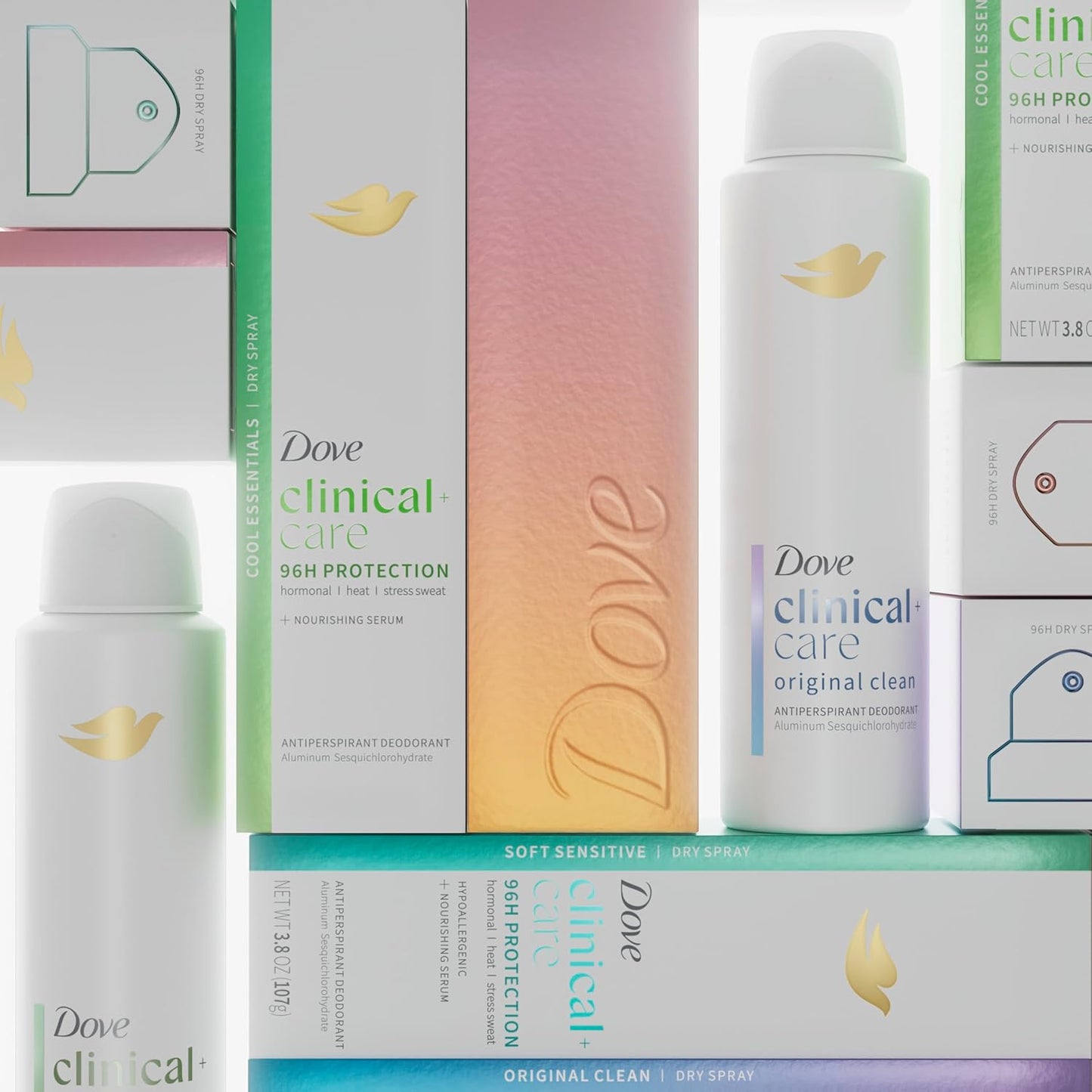 Dove Clinical + Care Antiperspirant Deodorant Dry Spray for Women, 96H Clinical Strength Sweat & Odor Protection, With Nourishing Serum, Original Clean with Fresh Scent, 3.8 oz