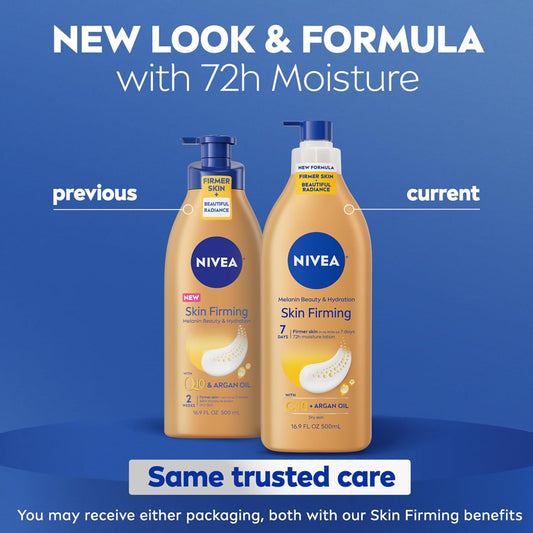 NIVEA Skin Firming Melanin Beauty & Hydration Body Lotion with Q10 and Argan Oil,Firmer Skin in as Little As Seven Days,16.9 Fl Oz Pump Bottle,(Pack of 2)