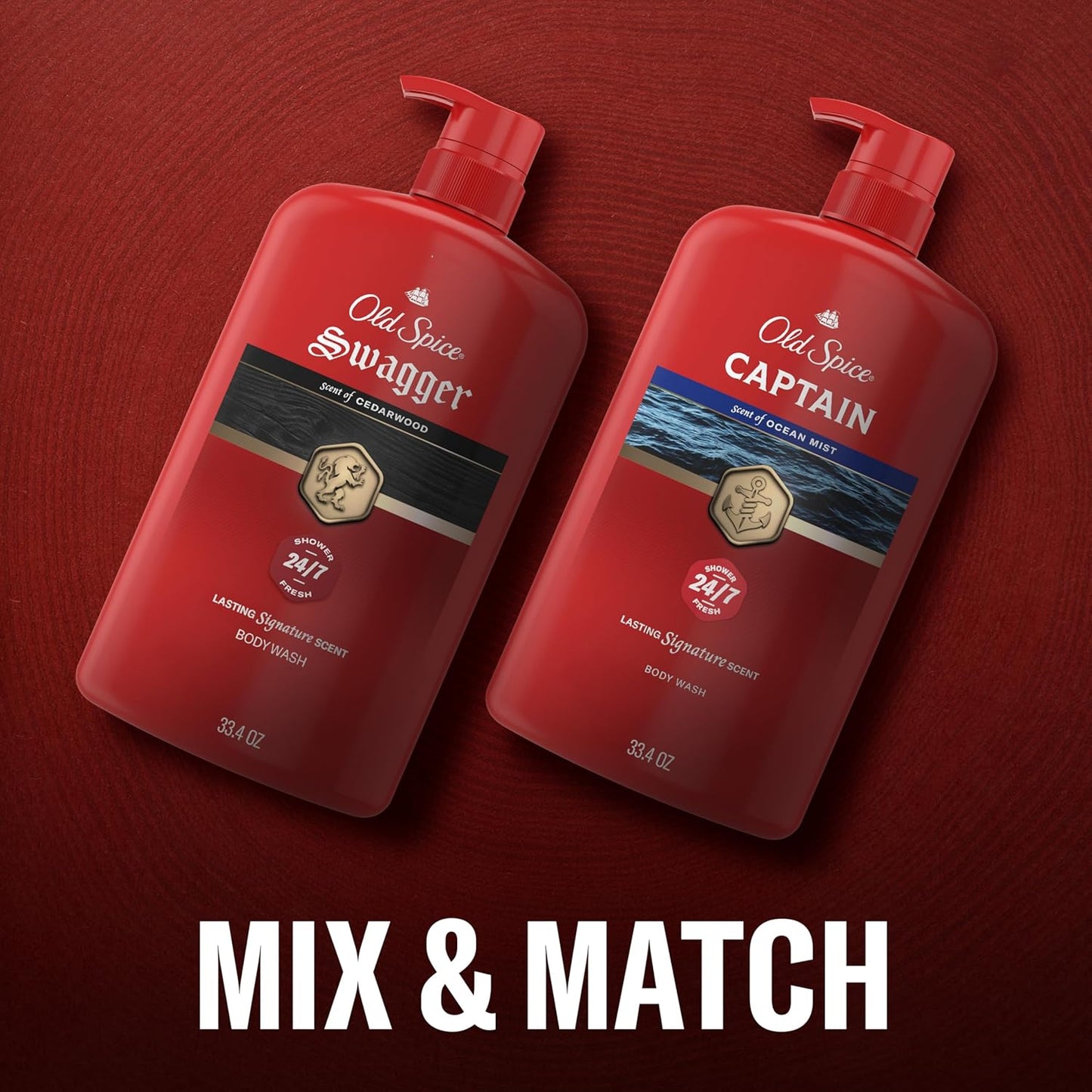 Old Spice Refreshing Body Wash for Men, 3X Defense, 24/7 Shower Fresh with Long Lasting Scent, Red Collection, Captain with Bergamot Scent, 33.4 oz