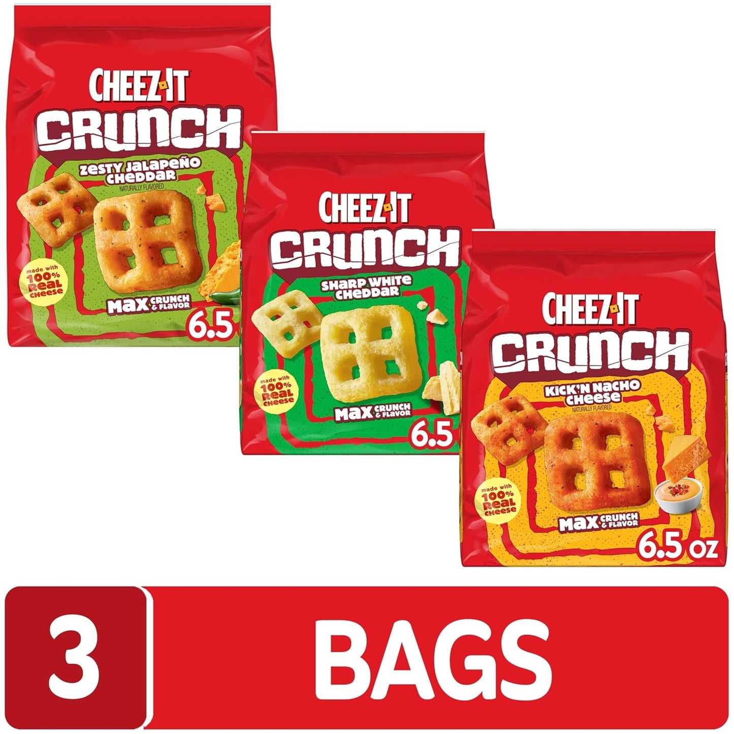 Cheez-It Crunch Cheesy Baked Snacks, Lunch Snacks, Variety Pack (3 Bags)