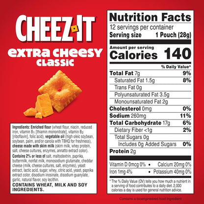 Cheez-It Extra Cheesy Baked Snack Crackers, Lunch Snacks (12 Packs)