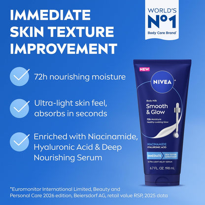 NIVEA Body Milk Smooth and Glow Ultra-Light Milky Serum, 6.7 FL OZ