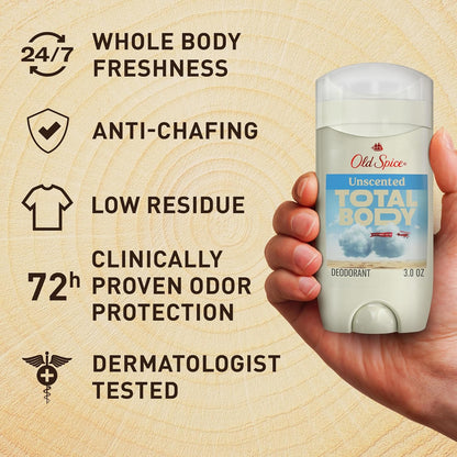 Old Spice Whole Body Deodorant Stick for Men, Aluminum Free, Unscented, 24/7 Odor Protection, 24/7 Lasting Freshness, Dermatologist Tested, Gentle on Skin, Safe to Use All Over, 3.0 oz