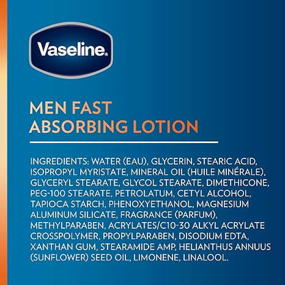 Vaseline Men Fast Absorbing 3-in-1 Face, Hands & Body Lotion for Men, 4 pack For Dry Skin,Absorbs in Just 15 Seconds for Moisturized Skin 20.3 Oz
