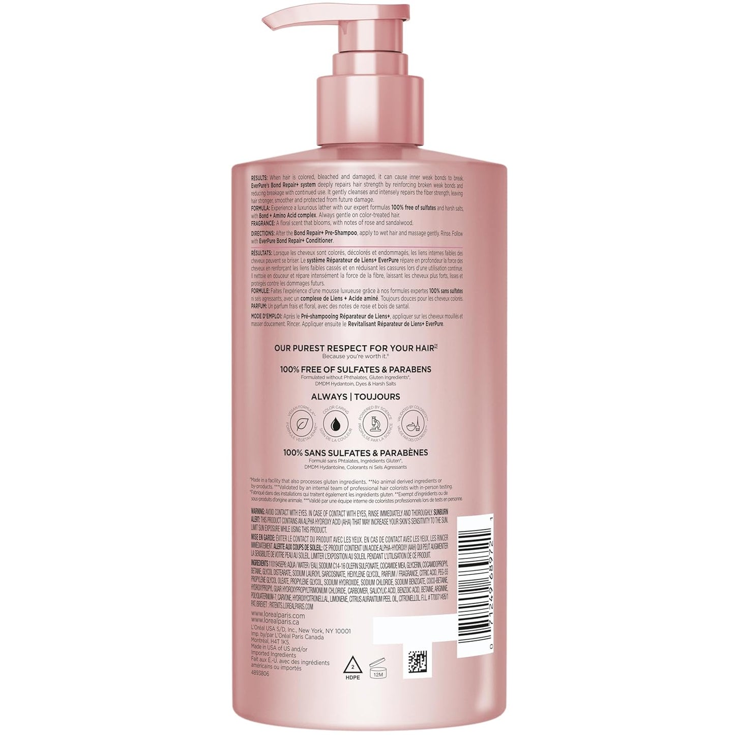 L'Oreal Paris Sulfate Free Bond Repair+ Shampoo, Hair Shampoo with Amino Acid Complex, Strengthens and Repairs Damaged or Color Treated Hair, EverPure, 23 Fl Oz (Packaging May Vary)
