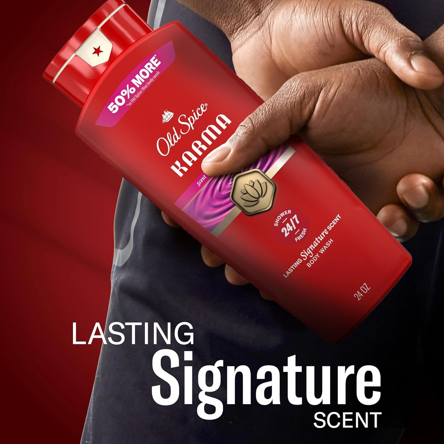 Old Spice Body Wash for Men, 24/7 Shower Fresh & Clean w/Daily Use, Lasting Signature Scent, Refreshing Lather, Moisturizing Formula, Karma with Cherry Spice, Black Pepper, & Sandalwood Scent, 24 oz