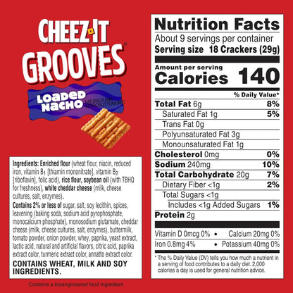 Cheez-It Grooves Crunchy Snack Crackers, Lunch Snacks, Pantry Size, Loaded Nacho, 9oz Box (1 Box)
