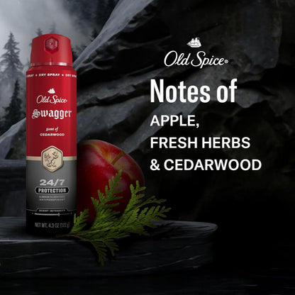 Old Spice Dry Spray Antiperspirant Deodorant for Men, 24/7 Sweat & Odor Protection Spray, Long Lasting Dry Spray, No Residue, Fresh Swagger with Cedarwood Scent, 4.3 oz Cans, (Pack of 2)