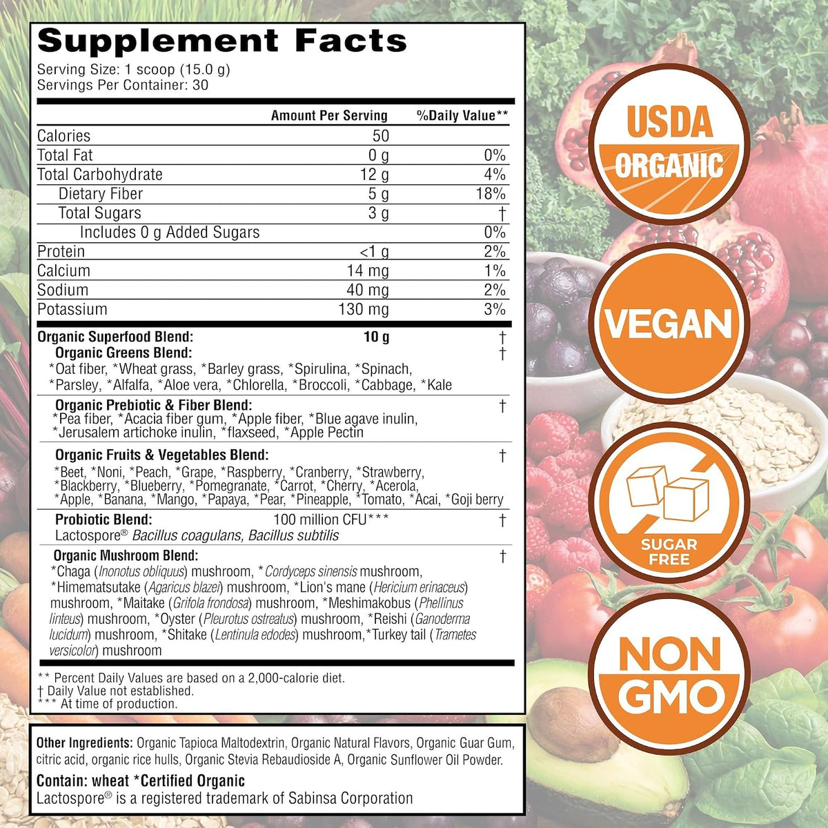 Country Farms Super Greens Pineapple-Mango Flavor, 50 Organic Super Foods, USDA Organic Drink Mix (Wheat Grass, Spirulina, Chlorella) Mushrooms & Probiotics, with Fiber, Natural Energy, 30 Servings