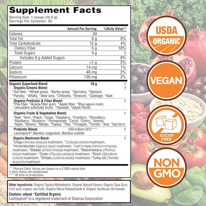 Country Farms Super Greens Pineapple-Mango Flavor, 50 Organic Super Foods, USDA Organic Drink Mix (Wheat Grass, Spirulina, Chlorella) Mushrooms & Probiotics, with Fiber, Natural Energy, 30 Servings