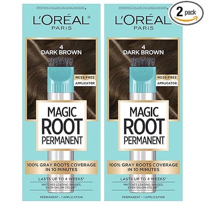 L'Oreal Paris Magic Root Permanent Hair Color Kit, 100% Gray Hair Coverage In Just 10 Minutes, Precision Brush Applicator for Seamless Application, 4 Dark Brown (2 Count)