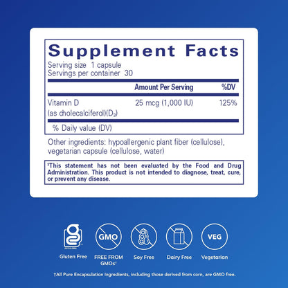 Pure Encapsulations Vitamin D3 25 mcg (1,000 IU), 30 Capsules
