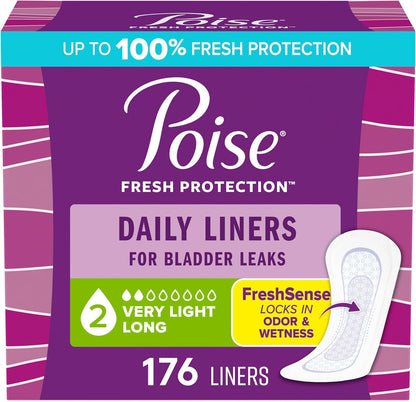 Poise Daily Liners, Incontinence Panty Liners for Bladder Leaks, 2 Drop Very Light Absorbency, Long Length, 176 Count of Pantiliners (4 Packs of 44), Packaging May Vary