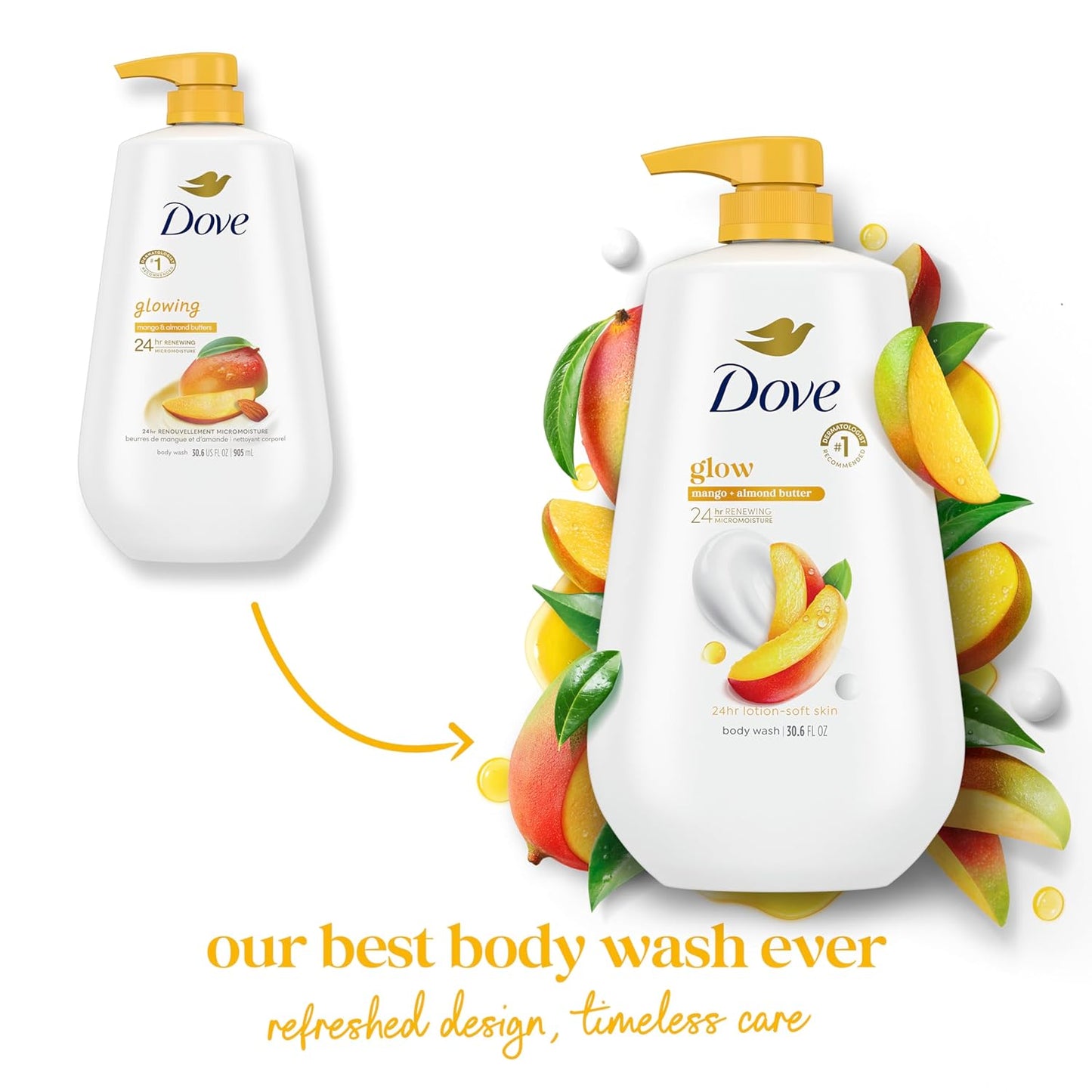 Dove 24hr Lotion Body Wash Glow Mango & Almond Butter, 30.6 oz | Moisturizing body wash with MicroMoisture for radiant-looking skin