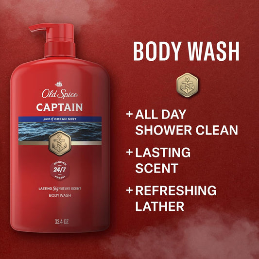 Old Spice Refreshing Body Wash for Men, 3X Defense, 24/7 Shower Fresh with Long Lasting Scent, Red Collection, Captain with Bergamot Scent, 33.4 oz