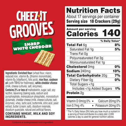 Cheez-It Grooves Crunchy Cheese Crackers, Snack Crackers, Lunch Snacks, Family Size, Sharp White Cheddar, 17oz Box (1 Box)
