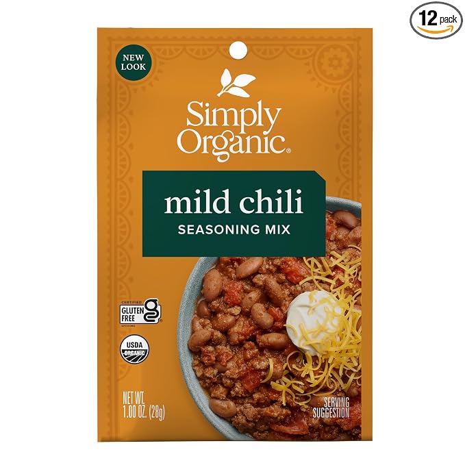 Simply Organic Mild Chili Seasoning Mix, 1-Ounce 12-Pack, Organic Cumin, Paprika, Cloves, Allspice, Warm, Hearty Taste