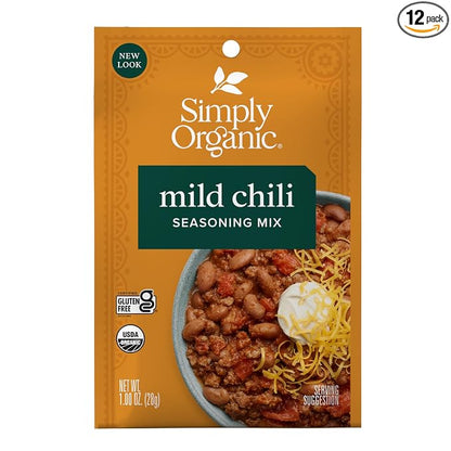 Simply Organic Mild Chili Seasoning Mix, 1-Ounce 12-Pack, Organic Cumin, Paprika, Cloves, Allspice, Warm, Hearty Taste