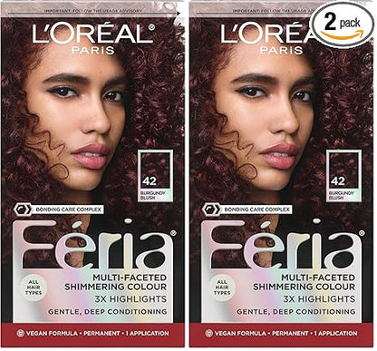 L’Oreal Paris Feria Multi-Faceted Shimmering Permanent Hair Color, High Intensity Hair Dye for 3X Highlights, 42 Burgundy Blush, 1 Hair Dye Kit (Pack of 2)