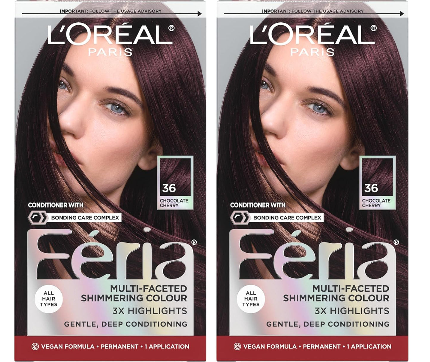 L'Oreal Paris Feria Multi-Faceted Shimmering Permanent Hair Color, Chocolate Cherry, Hair Dye Kit, Pack of 2