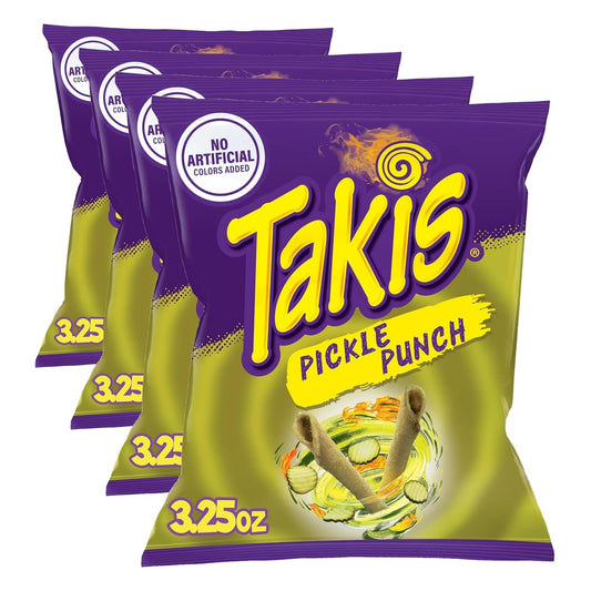 Takis Pickle Punch 3.25 oz Snack Size Bag, Spicy Pickle Flavored Rolled Tortilla Chips (Pack of 4)