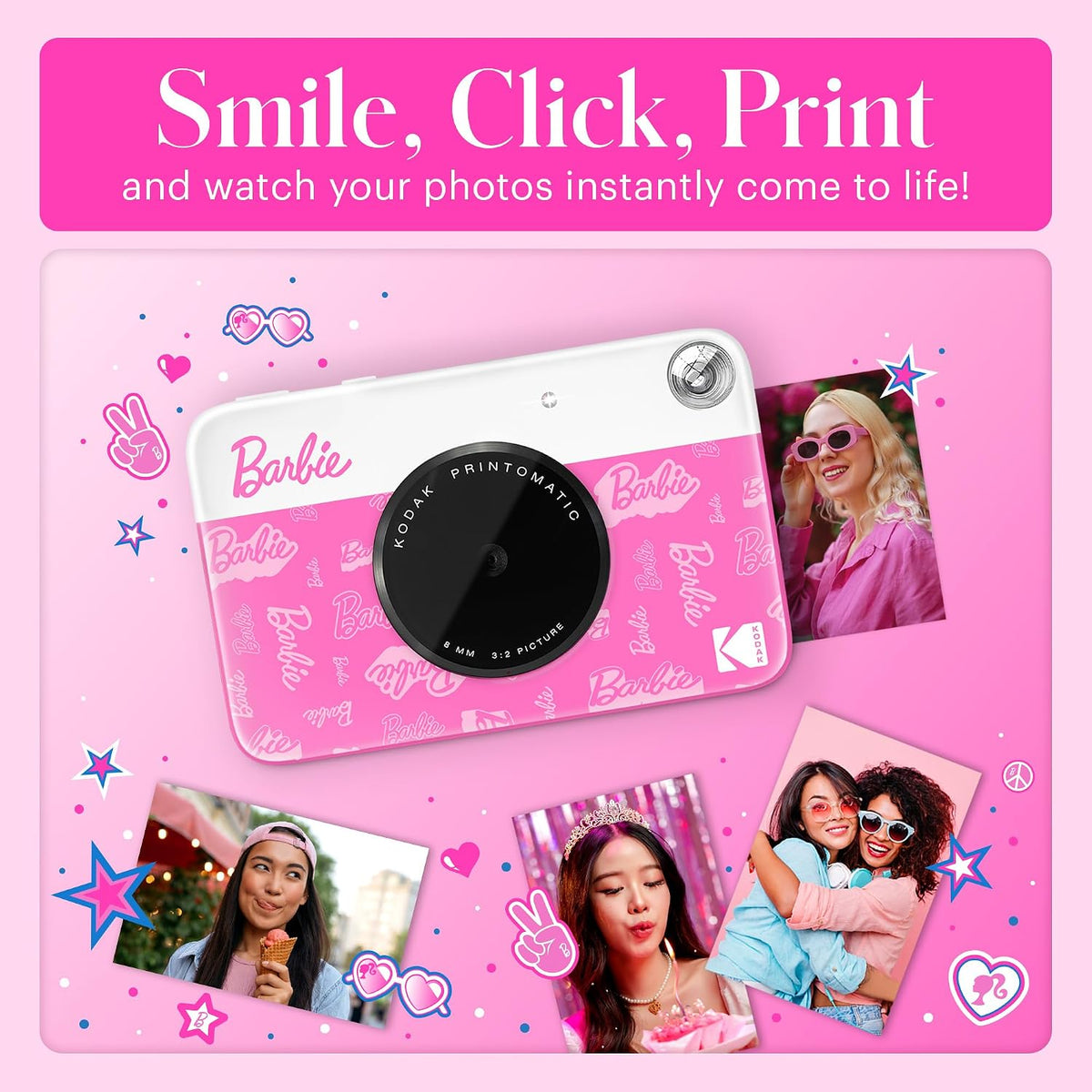 Barbie x Kodak Printomatic Full-Color Instant Print Digital Camera – 5MP Portable Barbie Camera Prints Colorful 2x3” Sticky-Back Photos – Signature Style