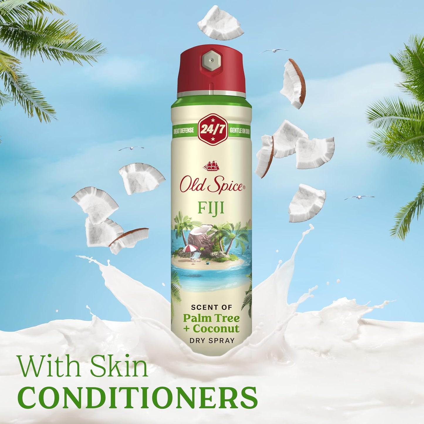 Old Spice Dry Spray Antiperspirant Deodorant for Men, 24/7 Freshness, 24/7 Sweat & Odor Protection, Gentle on Skin with Skin Conditioners, Fiji with Palm Tree + Coconut, 4.3 oz (Pack of 3)