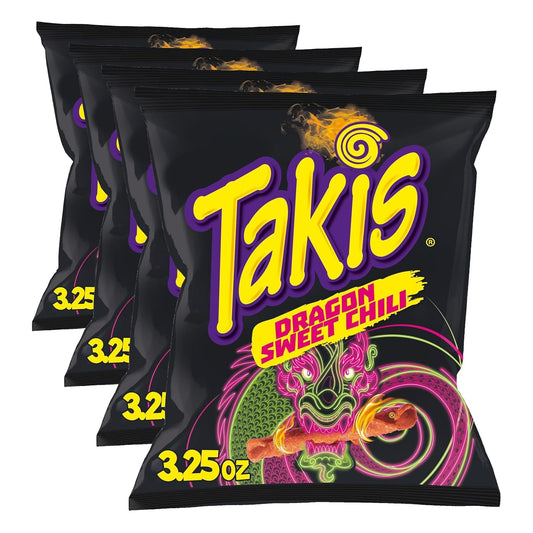 Takis Dragon Sweet Chili 3.25 oz Snack Size Bag, Spicy Sweet Chili Pepper Flavored Hot Tangy Rolled Tortilla Chips (Pack of 4)