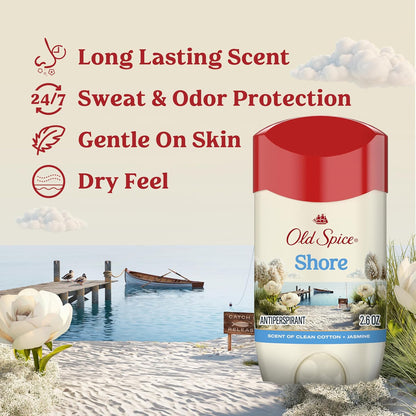 Old Spice Dry Feel Antiperspirant Deodorant for Men, 24/7 Long Lasting Freshness, 24/7 Sweat & Odor Protection, Gentle on Skin with Skin Conditioners, Shore with Clean Cotton & Jasmine Scent, 2.6 oz