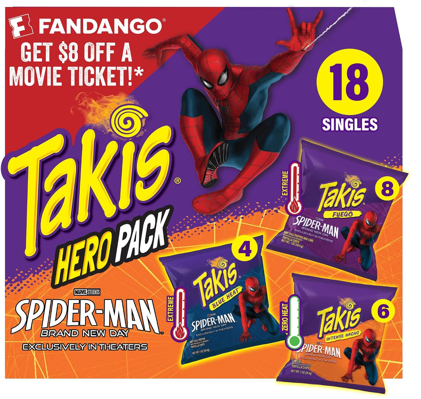 Takis Assorted Hero Variety Pack Rolled Tortilla Chips, 18 Count | (8) Fuego, (6) Blue Heat, (4) Intense Nacho, Non-Spicy to Extremely Spicy, 1oz Individual Bags for Snacking