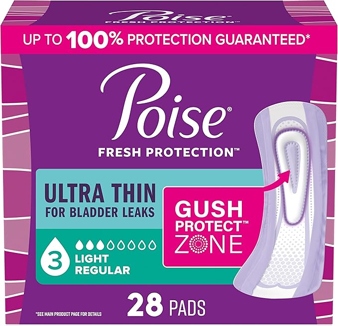 Poise Ultra Thin Incontinence & Postpartum Pads for Bladder Leaks, 3 Drop Light Absorbency, Regular Length, 28 Count (Packaging May Vary)