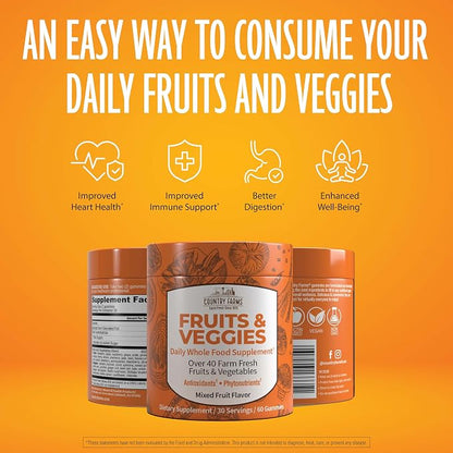 COUNTRY FARMS Fruits and Veggies Gummies, with Over 40 Farm Fresh Fruits & Vegetables, Packed with Powerful Antioxidants, (Spirulina, Blueberry, Mushrooms), Daily Whole Food Supplement, Pectin Based,