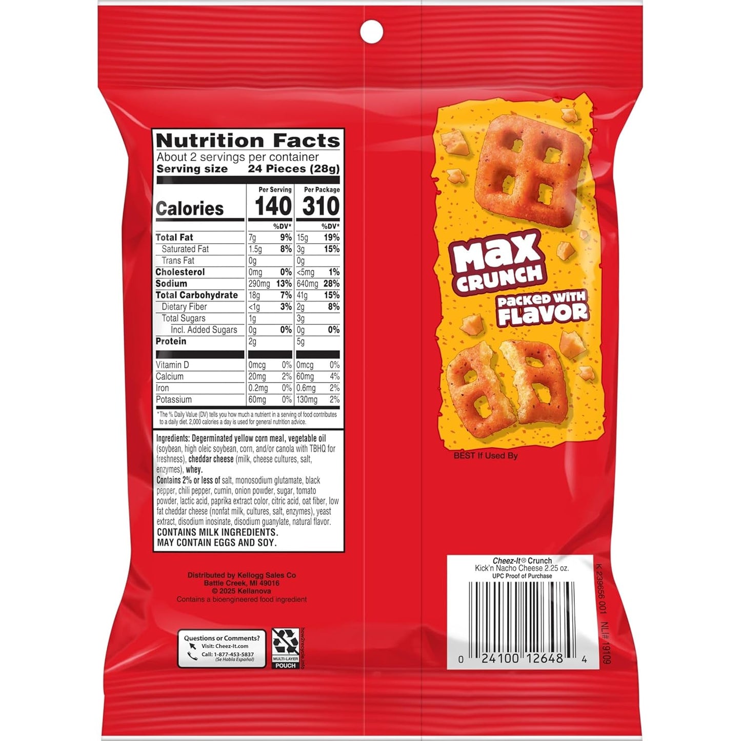 Cheez-It Crunch Cheesy Baked Snacks, Lunch Snacks, Kick'n Nacho Cheese (6 Pouches)