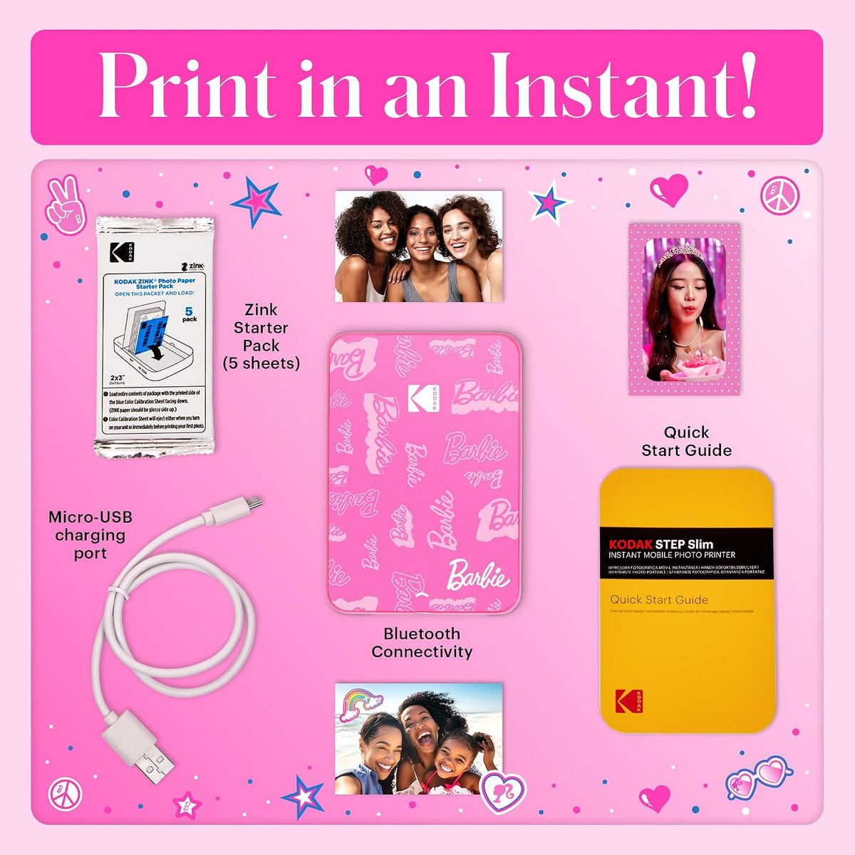 Kodak x Barbie Instant Smartphone Portable Photo Printer, Full Color, Wireless, Zink 2x3” (5.1x7.5 cm) Sticky-Back Photos, Print from iOS & Android Devices with Fun Editing App, Signature Style