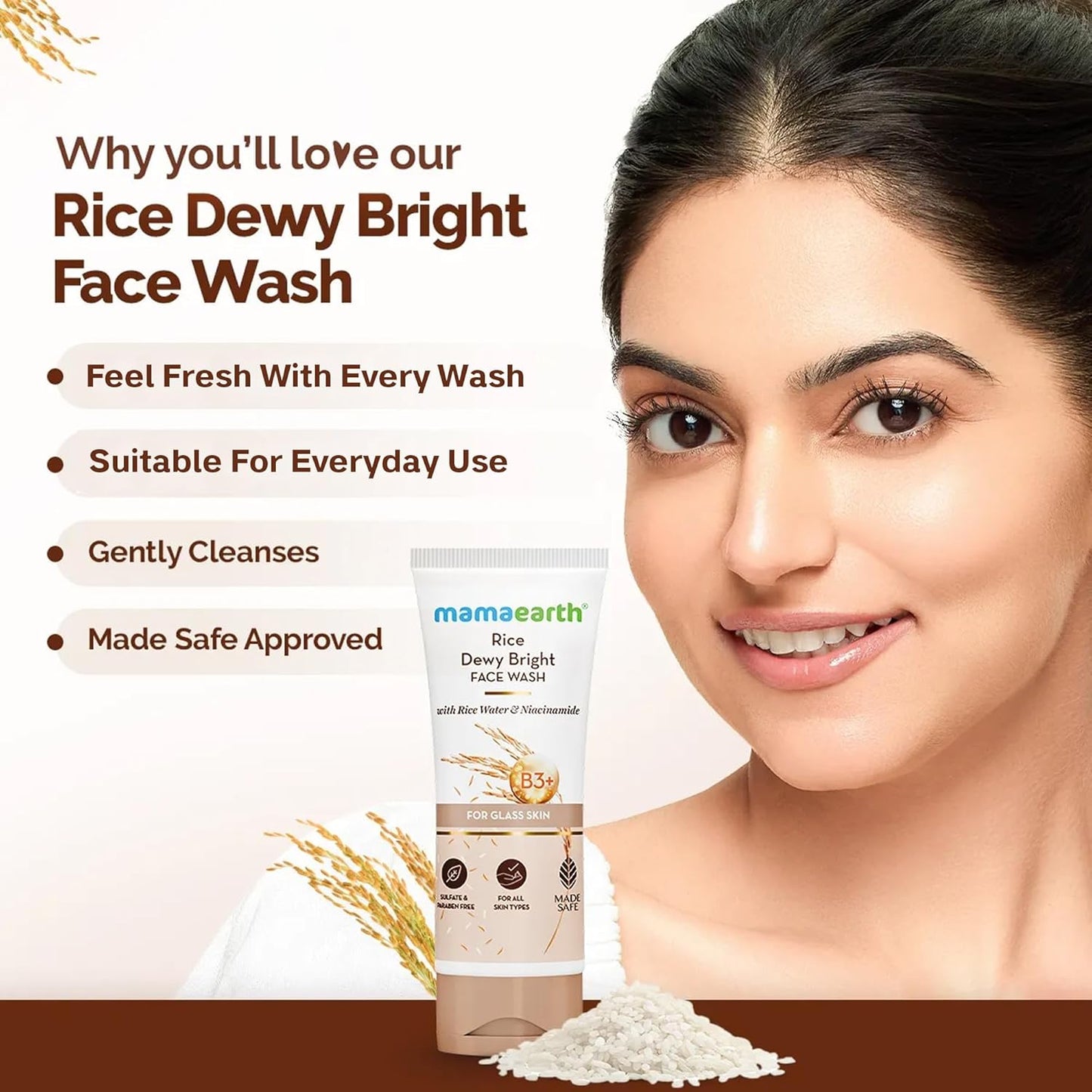 MAMAEARTH Rice Face Wash with Rice Water & Niacinamide, 100ml | Face wash formulated with rice water and niacinamide.