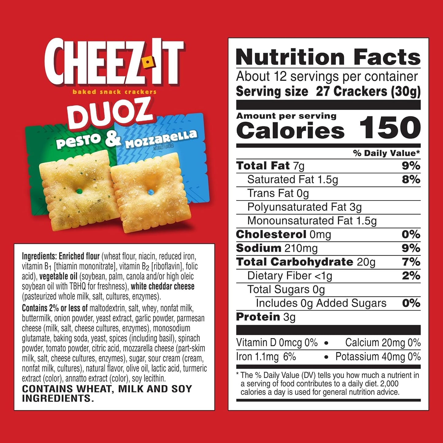 Cheez-It DUOZ Baked Snack Crackers, Lunch Snacks, Pesto and Mozzarella, 12.4oz Box (1 Box)