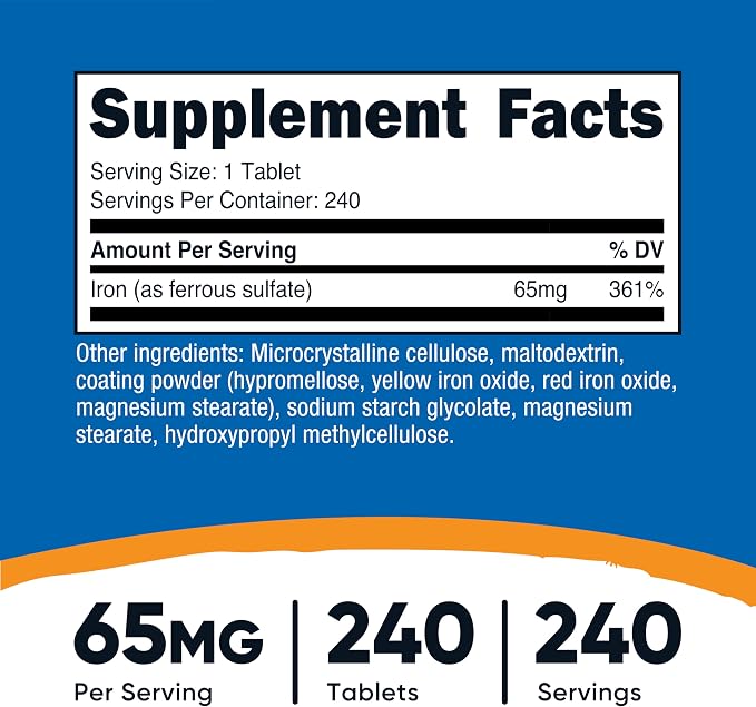 Nutricost Iron (As Ferrous Sulfate) 65mg, 240 Tablets, Gluten Free