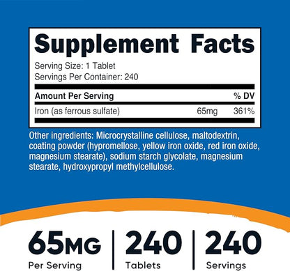 Nutricost Iron (As Ferrous Sulfate) 65mg, 240 Tablets, Gluten Free