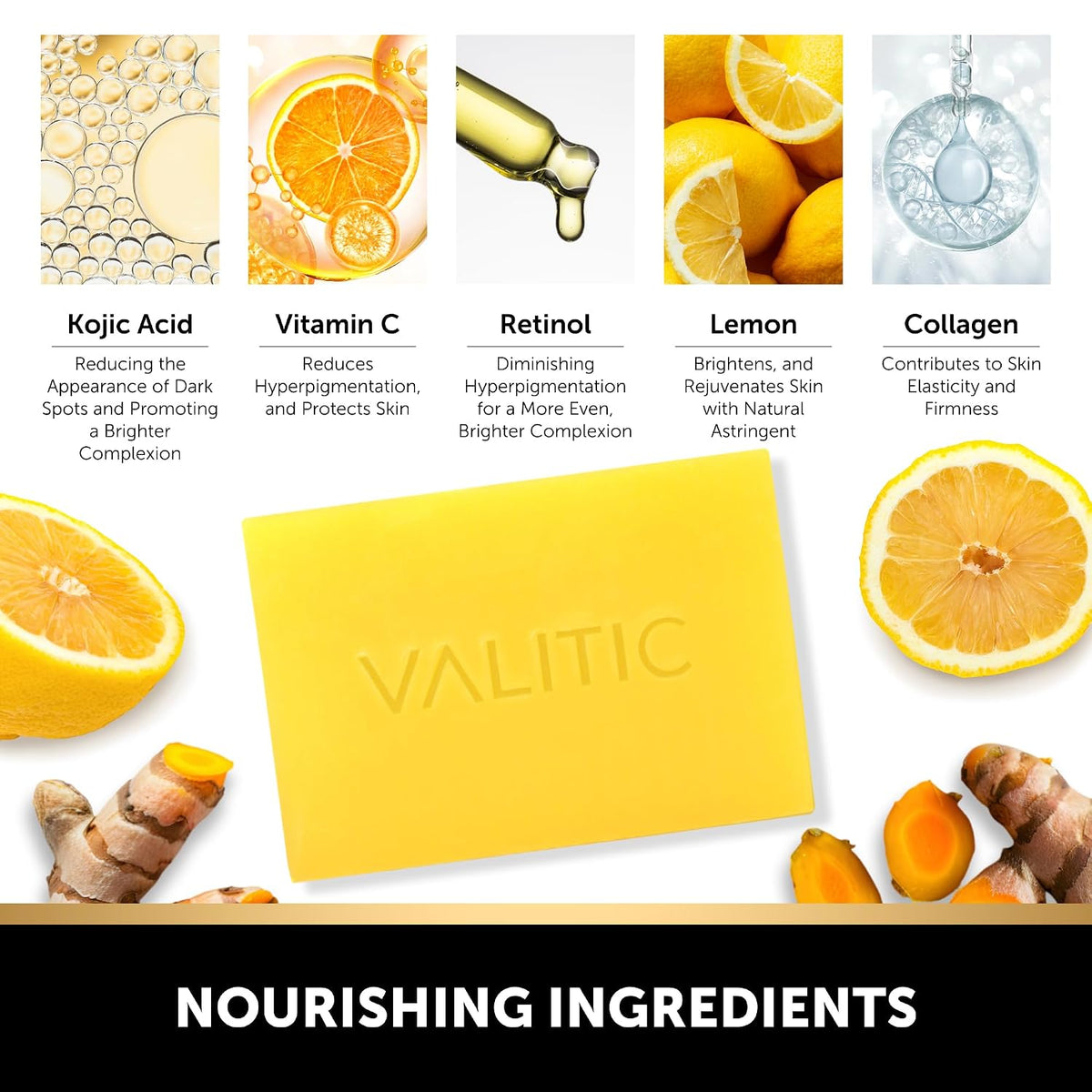 VALITIC Brightening Lemon Turmeric Kojic Acid Soap for Dark Spots, 3 Pack