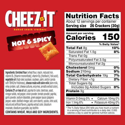 Cheez-It Cheese Crackers, Baked Snack Crackers, Lunch Snacks, Hot and Spicy, 12.4oz Box (1 Box)