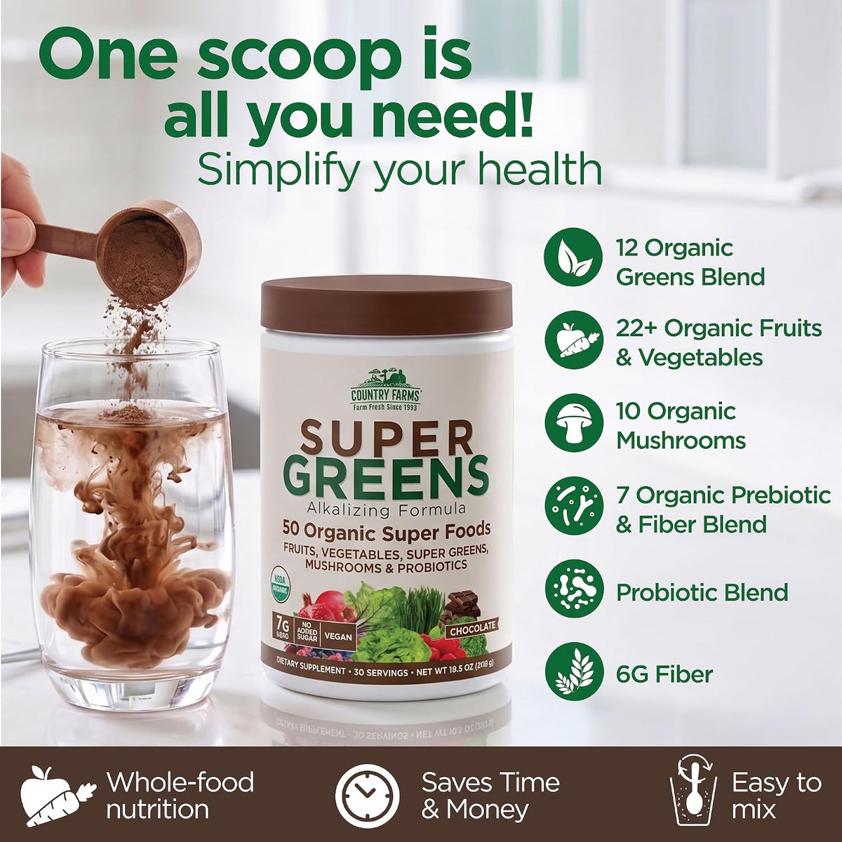 Country Farms Organic Super Greens Powder, Daily Greens Drink Mix with 50 Organic Superfoods, Fruits, Vegetables, Fiber, Mushrooms & Probiotics for Gut Health, Digestion & Energy, Chocolate Flavor