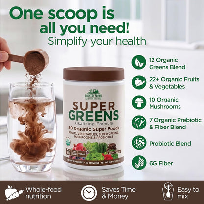 Country Farms Super Greens Chocolate Flavor, 50 Organic Super Foods, USDA Organic Drink Mix, Fruits, Vegetables, Super Greens, Mushrooms & Probiotics, Supports Energy, 40 Servings, 10.6 Oz, 2 Pack